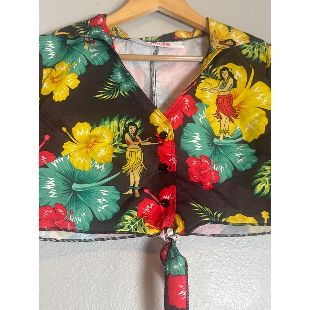 Ace Ventura Pet Detective Hula Girl Hawaiian Crop Top Small Tropical Tie Front - Picture 2 of 6